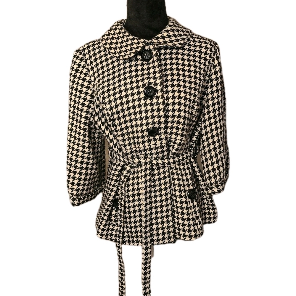 Tabitha Women's Sz M Blazer Houndstooth Satin Lined Belted Office